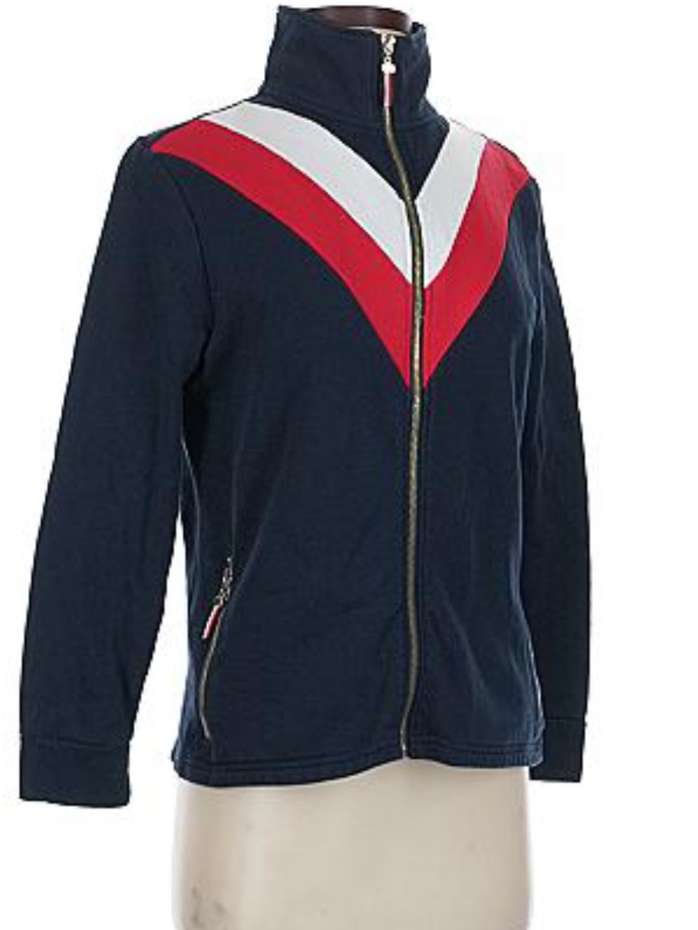 Y2K style Tommy Hilfiger Navy Zip-Up Sweatshirt with Red & White Chevron